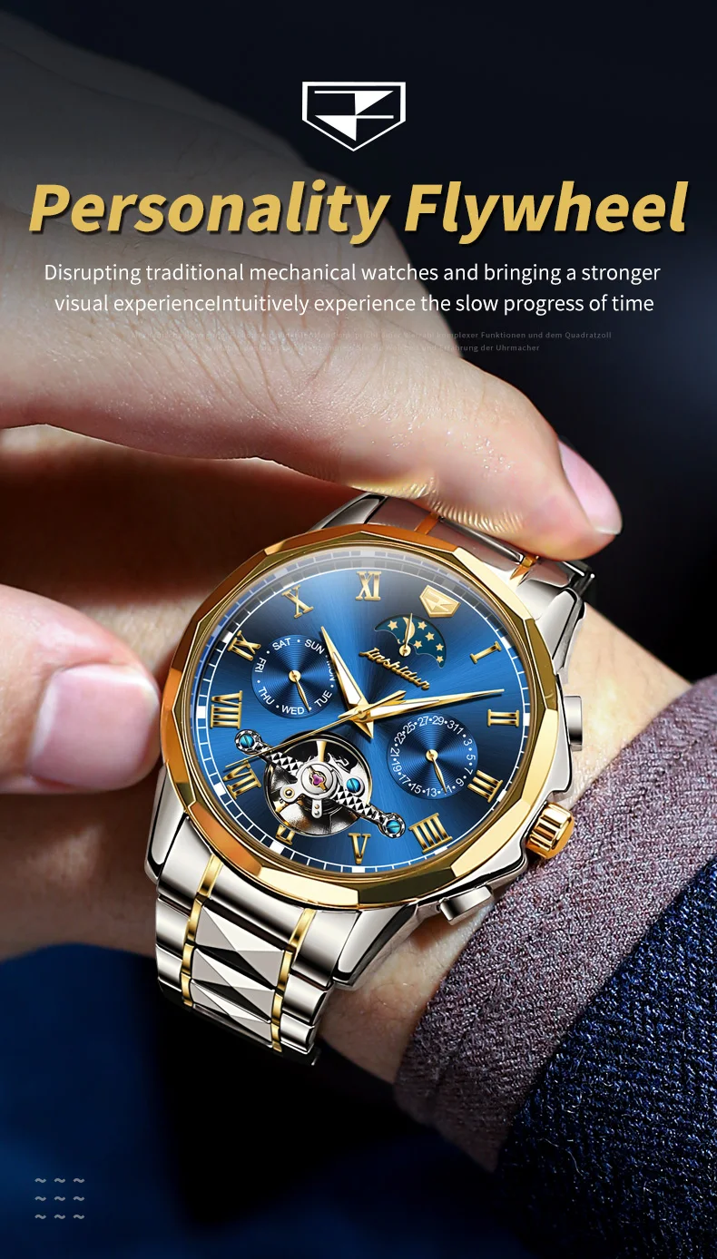 JINSHIDUN 8937 Automatische Herrenuhren Luxus Wolframstahl Skelett-Schwungrad Mondphase Kalender Wasserdichte Mechanische Uhren – Detail 15