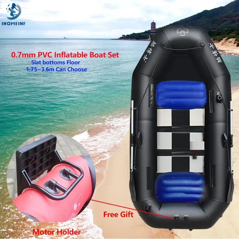 1.75~3.6m Black PVC  Inflatable Boat with Wood Slat Bottoms Set Punch Boat Raft Fishing Rubber Dinghy Inflatable Fishing Kayak 