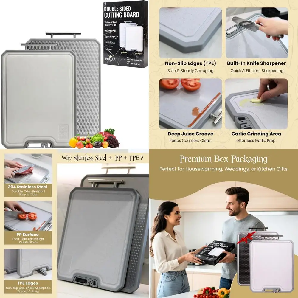 

Набор двухсторонних разделочных досок из нержавеющей стали с точилкой для ножей | Сталь 304 и ПП для кухни | Металлические доски премиум-класса для Co