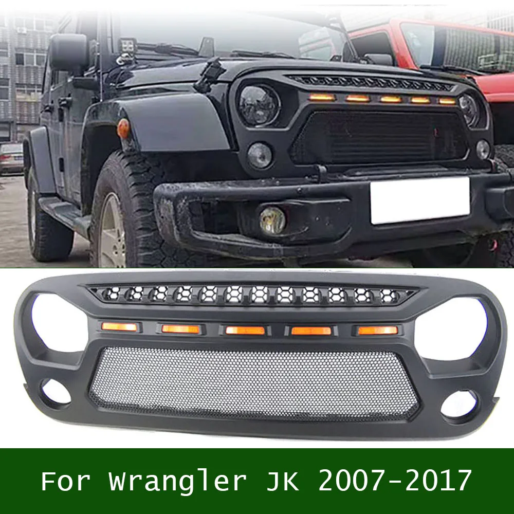 For Wrangler JK 2007-2017 4x4 Off Road Front Grille With LED Lights Accessories Car Racing Grills Bumper Mesh Modified Grill Fit