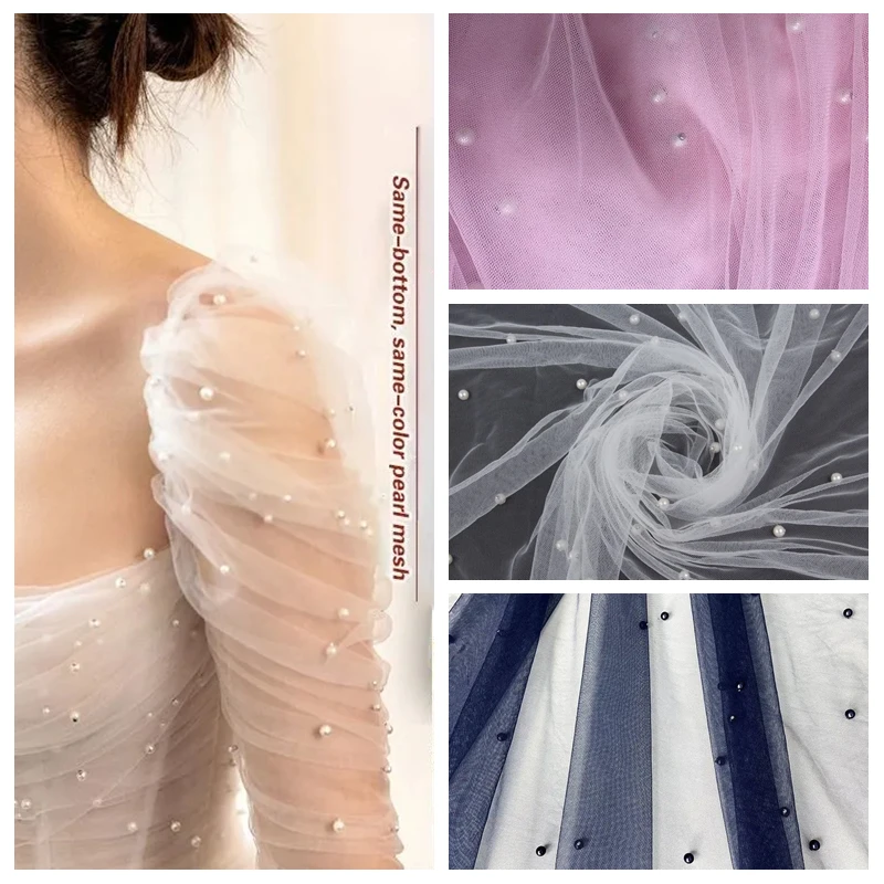 

Имитация жемчужной ткани из тюля с бисером, продается на метры, для декоративной отделки, свадебных платьев, фаты, юбок, одежды, шитья, сетчатая ткань