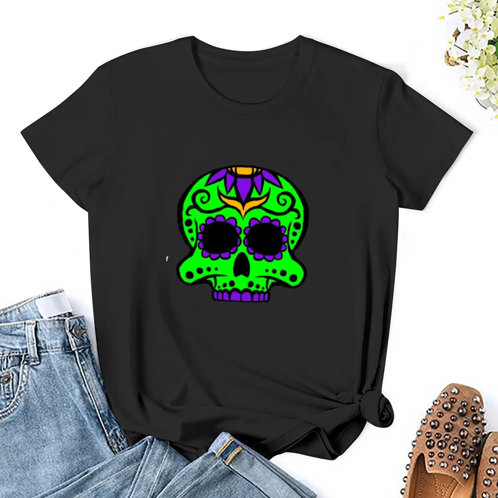 Camiseta del día de los muertos para mujer, ropa bonita de secado rápido, vestido sexy de talla grande, Calavera 3 verde y púrpura