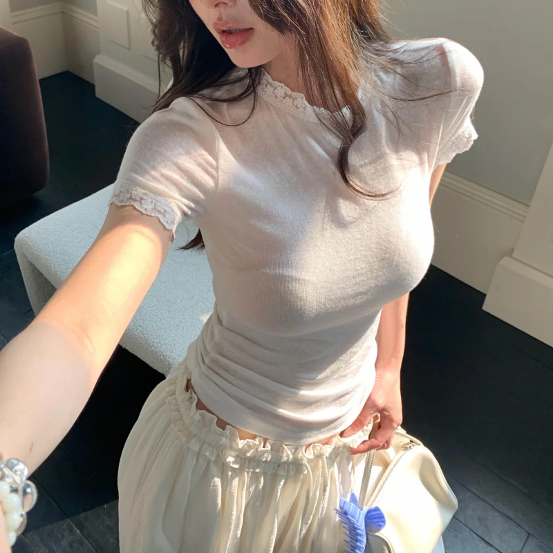T-shirt For Women Lace Trim Slim Short Top Fashion Summer Casual Short Sleeves T Shirts White Thin Clothing