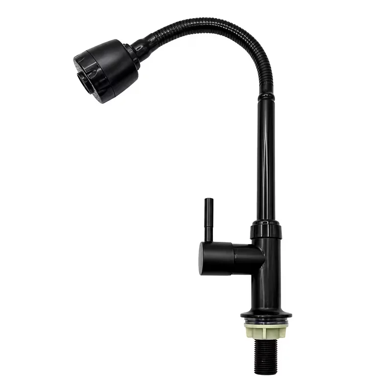1pc Universal Rotation Single Cold Water Kitchen Faucet Stainless Steel Single Handle Black Color Deck Mounted Sink Water Tap
