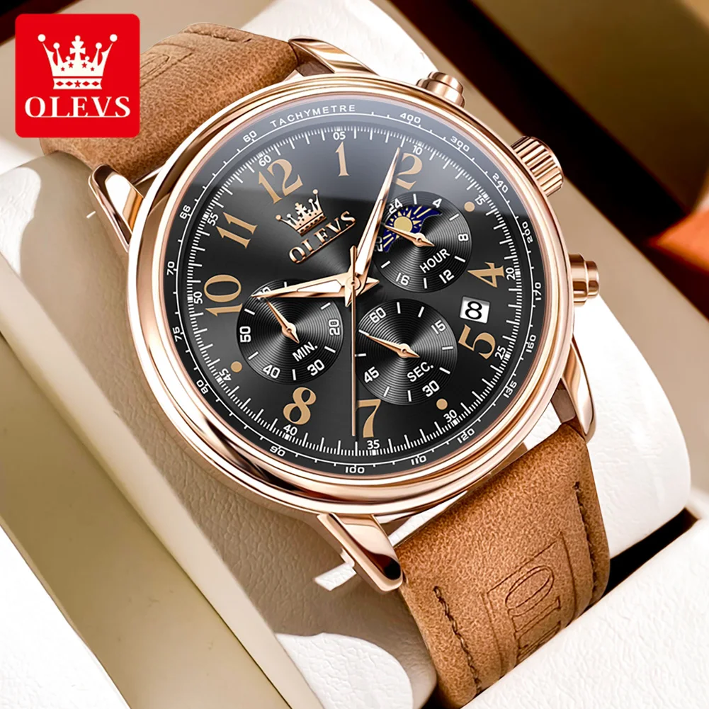 OLEVS 2912 Top Original Quartz Men's Watches Classic Chronograph Moon Phase Waterproof Multifuncion Luxury Sports Wristwatch New