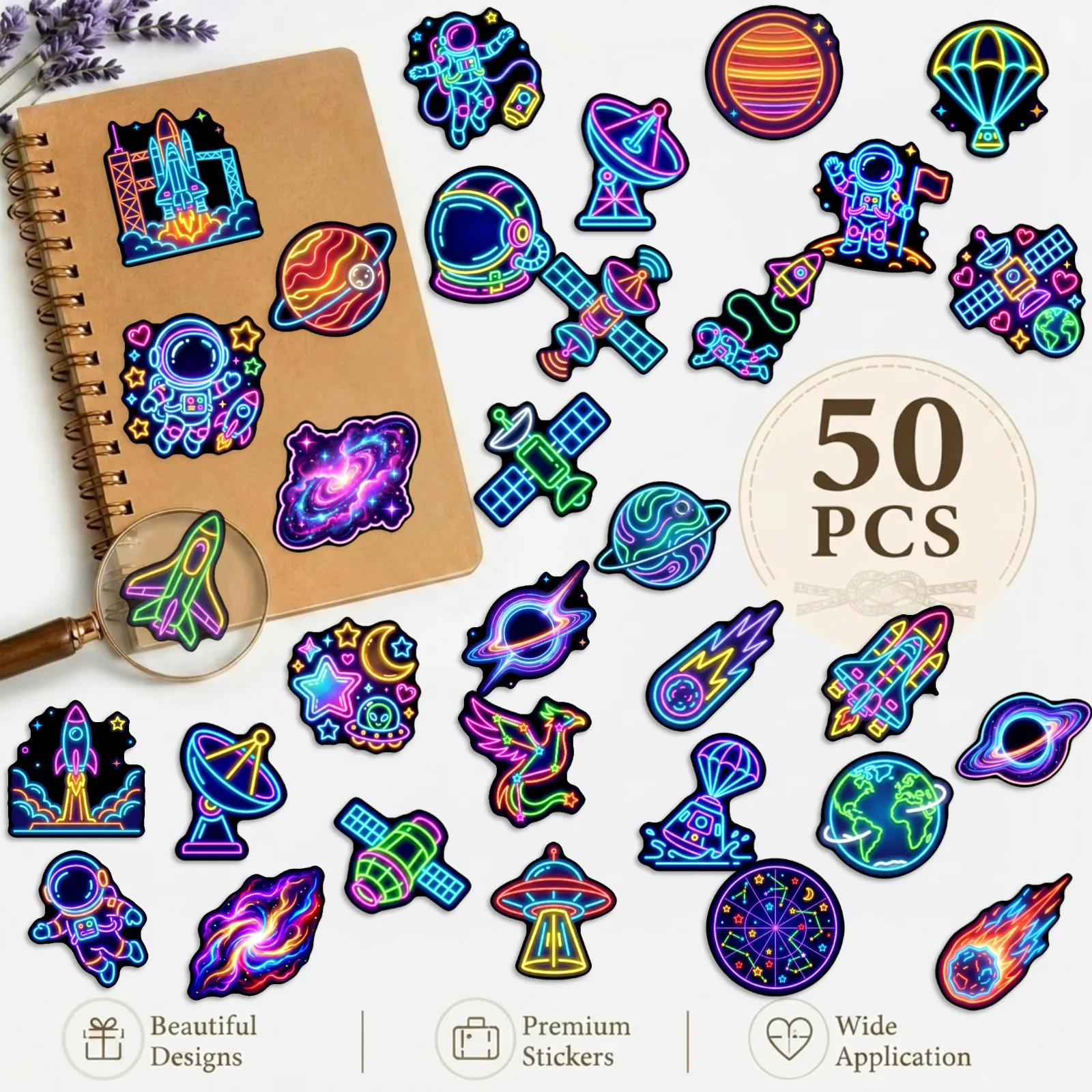 50Pcs Neon Space Waterproof Stickers Planet Rocket UFO Design Decals Creative DIY Decor for Journal Notebook & Water Bottle