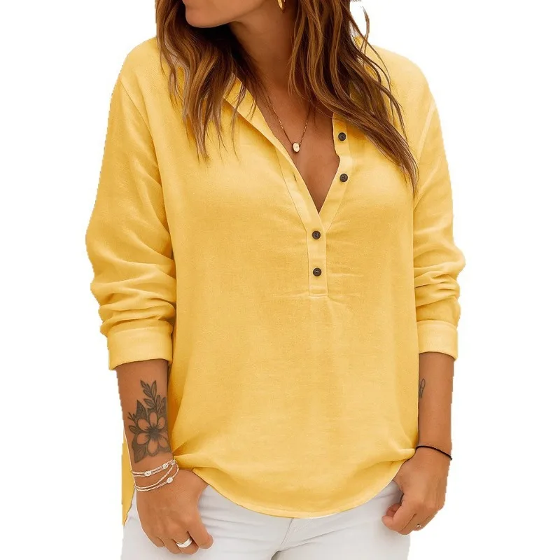 

Casual loose fashionable blouse women tops long sleeve solid color shirts lapel pullover