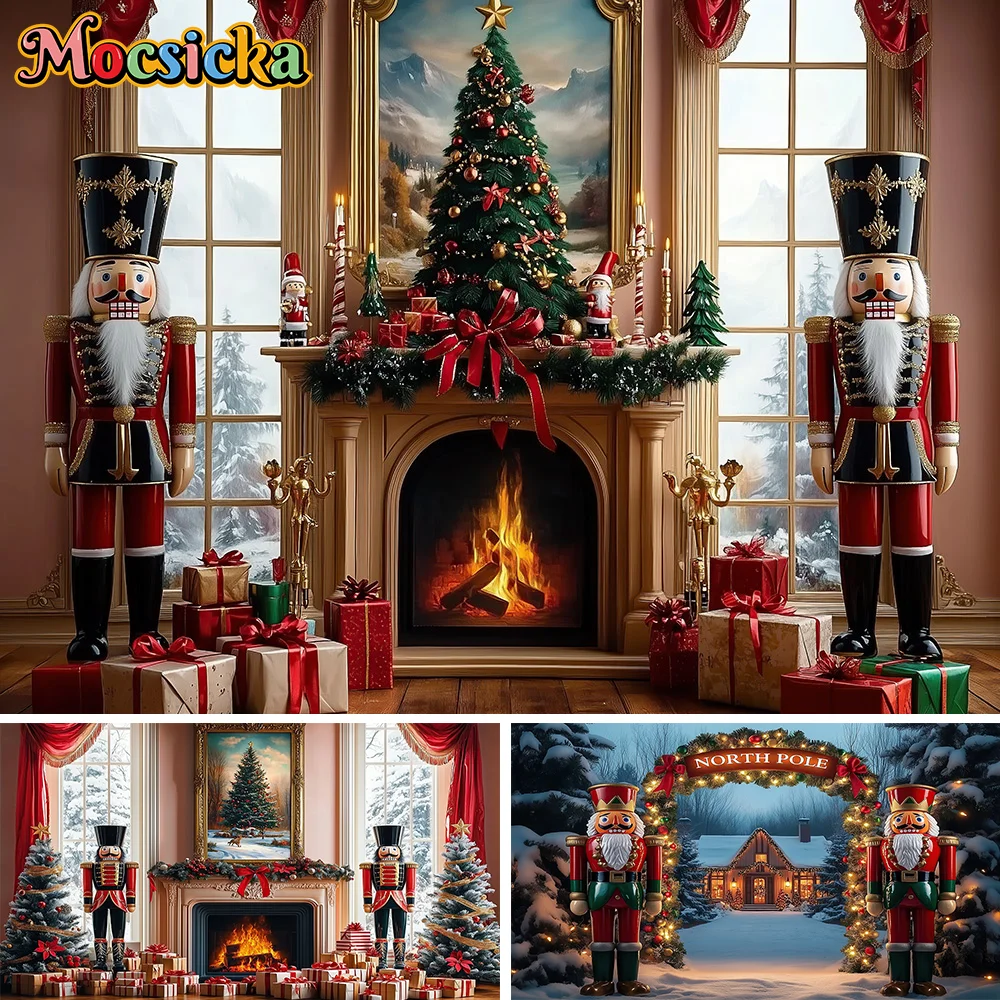 

Santa Claus Workshop Background Photography Christmas Tree Gift Clock Wooden Window Backdrop Kids Winter Birthday Photo Studio