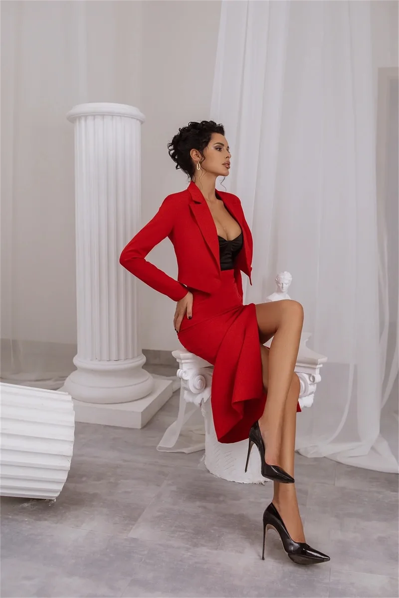 Ensemble Sexy rouge pour femmes, Blazer + jupe fendue sur le côté, robe de bal, 2 pièces, veste à simple boutonnage, sur mesure, décontracté