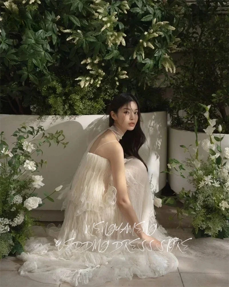 주이슈 스파게티 스트랩 소프트 튤 레이어드 한국 웨딩드레스 사진 촬영 티어드 페어리 브라이덜 가운 파티 이브닝 맞춤 제작