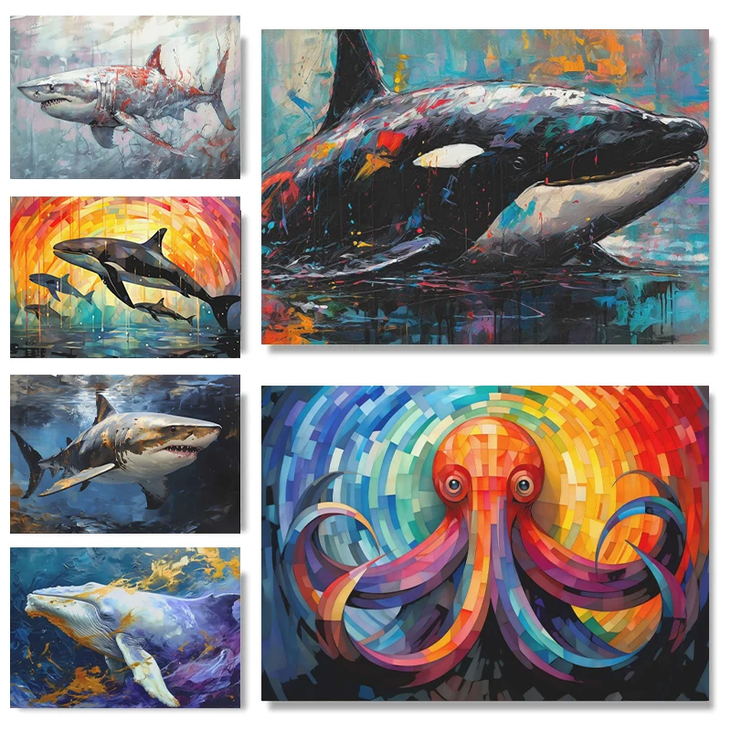 Orca Whale Wall Art Abstract Colorful Killer Whale Painting Canvas Printing Wall Art Picture for Boys Room Home Decor