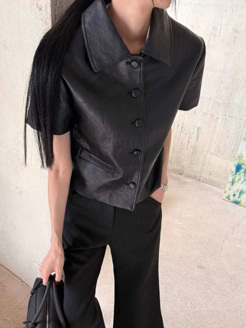Chic Retro Stand Collar Shoulder Length Leather Jacket Women's Autumn New Style PU Synthetic Leather Fashionable Coat