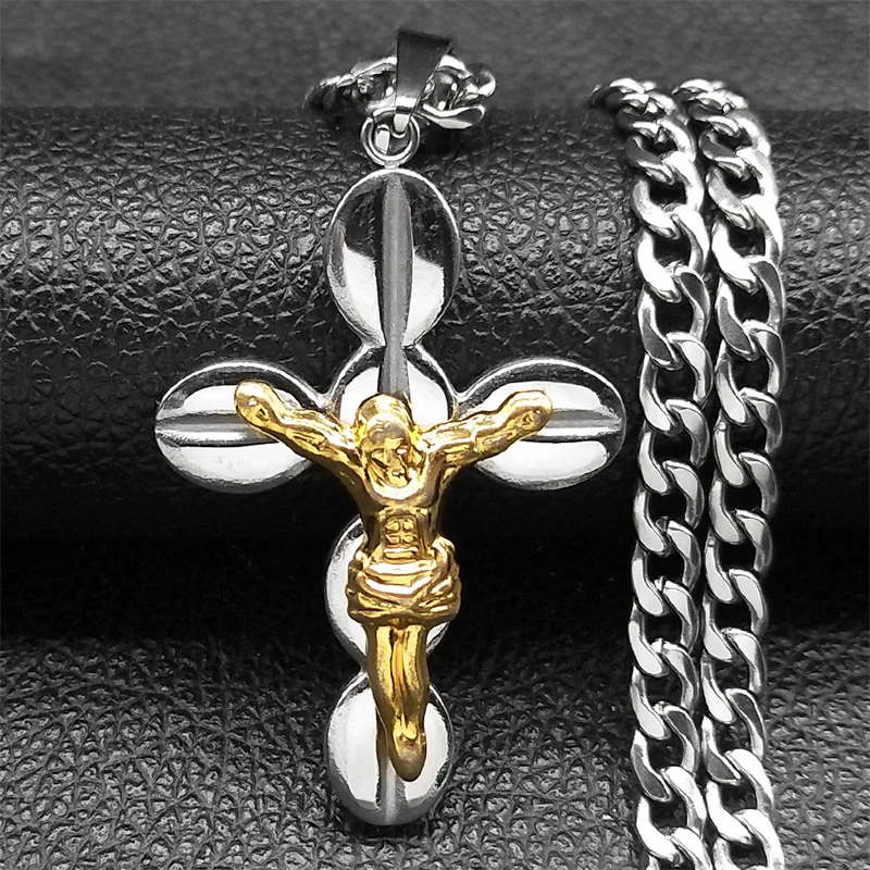 

Catholic Jesus Cross Crucifix Pendant Necklace for Women Men Stainless Steel Gold Color Christ Amulet Chain Jewelry Party Gift