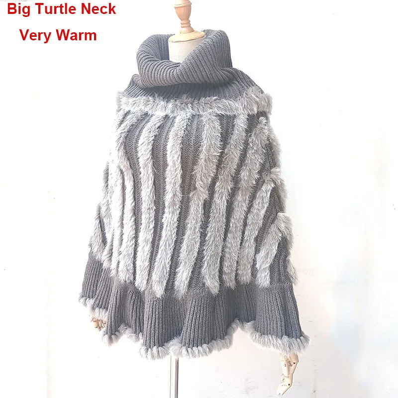 Women Winter Big  Turtle neck Poncho With Real Rabbit Fur Warm Loose Genuine Rabbit Fur Cape Shawl