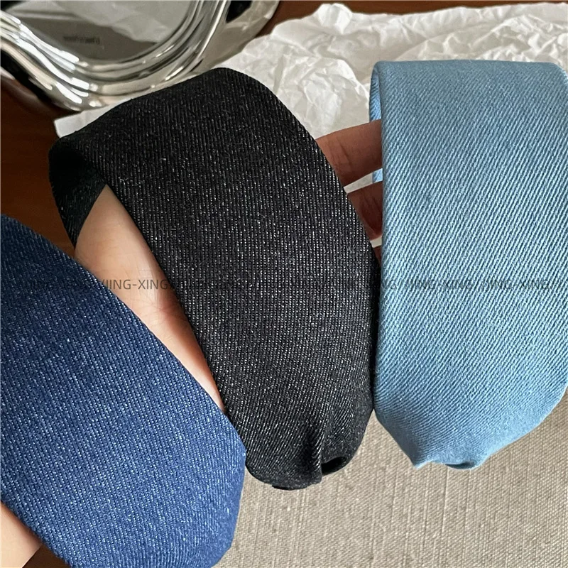 Modisches, individuelles, blauem Denim-Optik gestreiftes, breites Stoff-Haarband, koreanische Version, neues Street-Style-Haarband mit Druckknöpfen, Haarband zum Gesichtwaschen – Detail 4