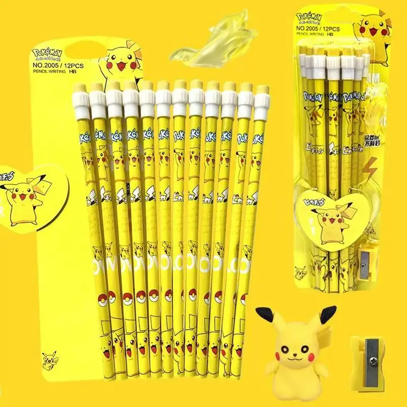 12-Pack Pokemon Pikachu Cute Cartoon HB Pencils, 12 Pencils and 1 Pencil Roll Stationery Box Set, Writing and Sketching Pens