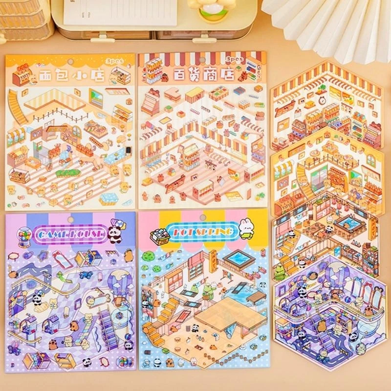 Fun Miniatur Adegan Stiker Kartun Pemandangan Pemandangan Stiker Scrapbooking Sticker Untuk Jurnal Telepon Meliputi Botol
