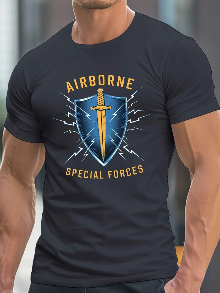

Airborne Special Forces Graphic with Blue Shield&Lightning Bolts Design-100% cotton O-neck short sleeve printed men's T-shirt.
