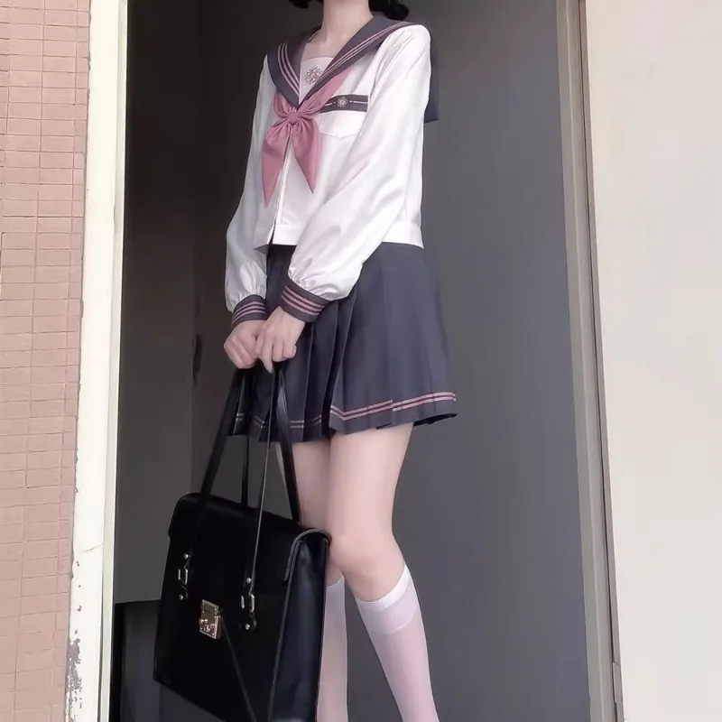 2024 New Japanese JK Uniform Sailor Outfits Preppy Style Pink Color Cute Sweet Long Short Sleeves Top Skirt All Match Suit Girls