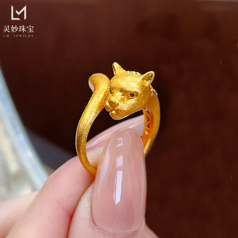 

9999 24K real gold luxury jewelry dot diamond brushed leopard head matte open ring high-end feeling for girlfriend