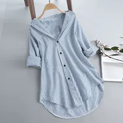 Classic Basic Striped Shirt Ladies Shirt Spring Summer Casual Versatile Long Sleeve Shirt Fashion Lapel Large Size Loose Shirt