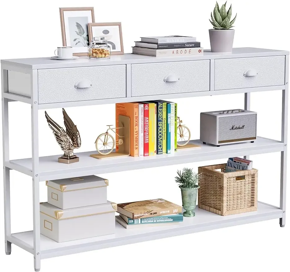 

White Long 47" Console Sofa Table with 3 Drawers Entryway Table with 3-Tier Storage Shelves Display Shelf for Entry Way Hallway