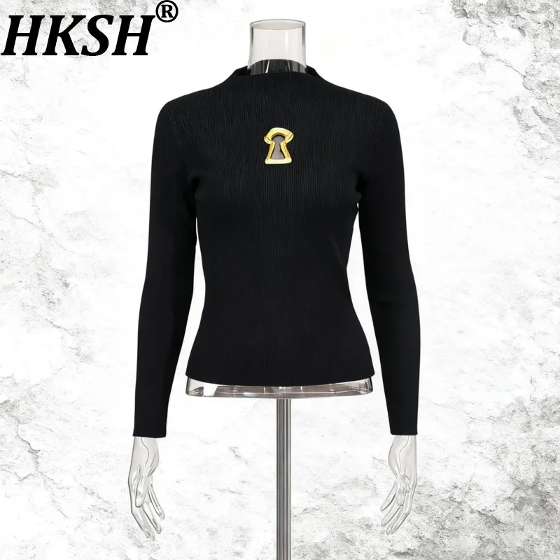 

HKSH осень-зима новый женский свитер с длинными рукавами металлические ажурные украшения облегающие универсальные шикарные вязаные топы HK15196