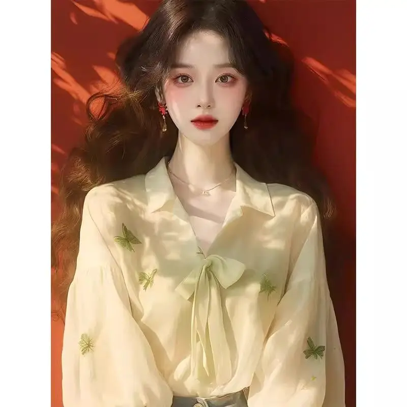 Green Printed Sunscreen Chiffon Shirt Autumn New Women's Sweet Princess Style Unique Top