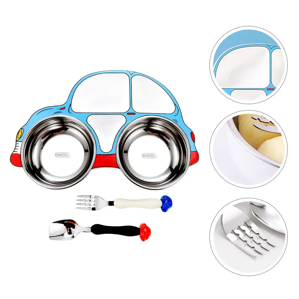 

1 set 1 Set Cartoon Toddler Plate 3 Compartments Kids Bowl Fork Spoon Set Skid-Proof Stainless Steel Microwave Safe Baby Feeding