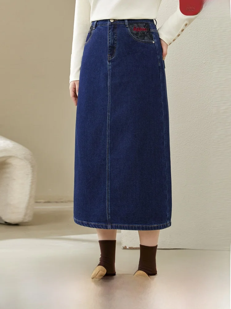 

Темно-синяя асимметричная утягивающая джинсовая юбка для женщин больших размеров, модная персональная юбка трапециевидной формы со средней талией, зимняя новинка...