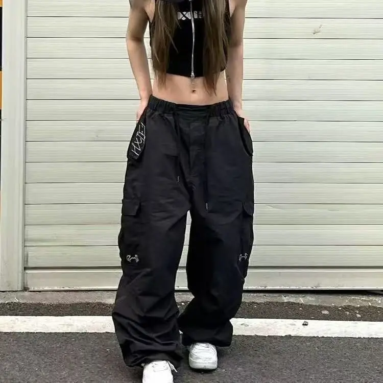 

Hip Hop Y2k Paratrooper Cargo Pants Summer Jazz Wide Leg Oversize Jogging Pants Summer Multi-Pocket Drawstring Loose Trousers