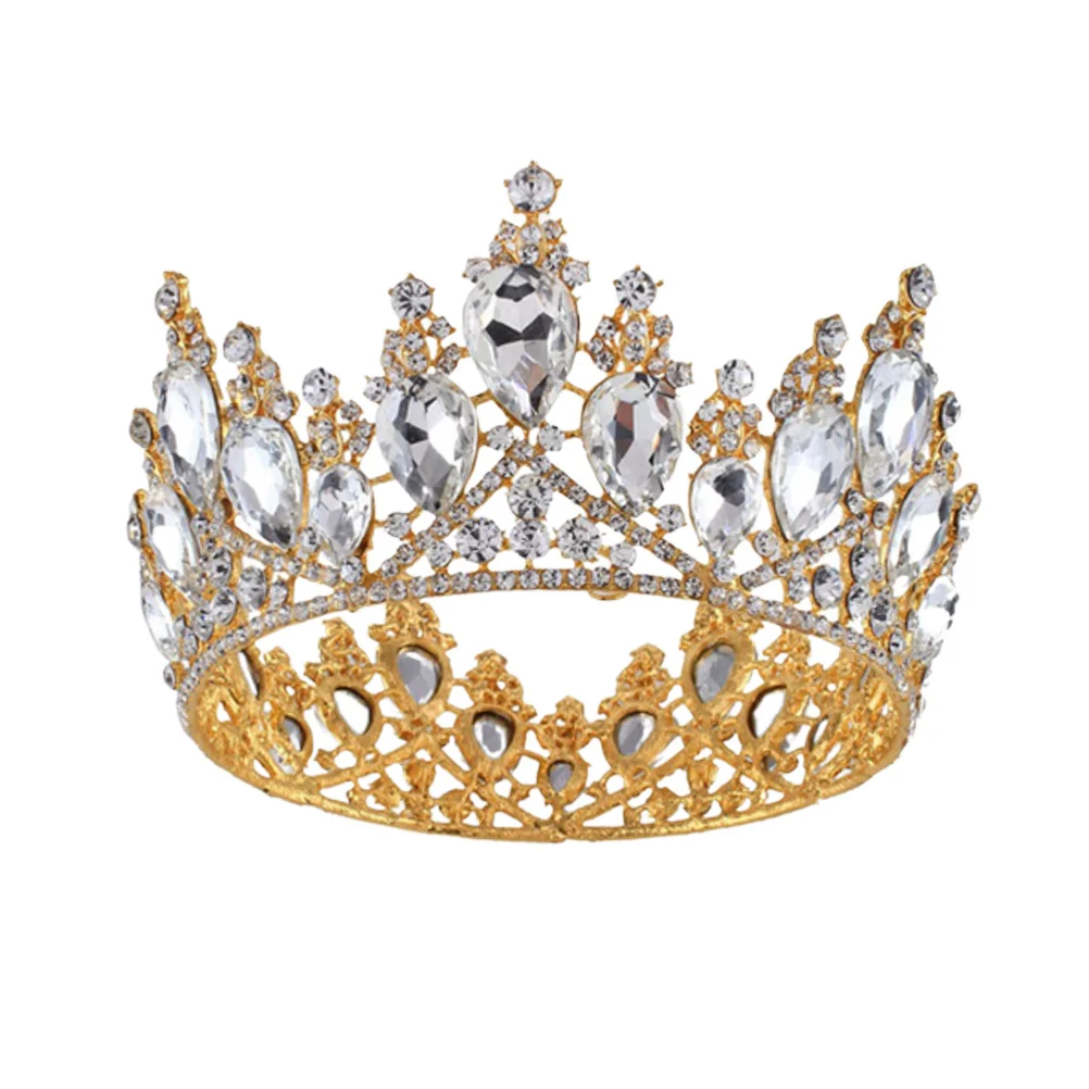 

Rhinestone Crown Water Drill Big Tiara Golden White Round Headband Women Hair Hoop Bride Headdress Party Wedding Accessory