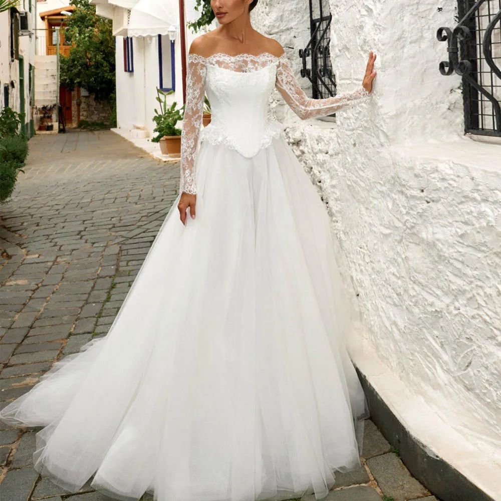 

Индивидуальное свадебное платье без бретелек с кружевом и рукавами, белое тюлевое свадебное платье с баской, на шнуровке, для торжественного церемонии в суде