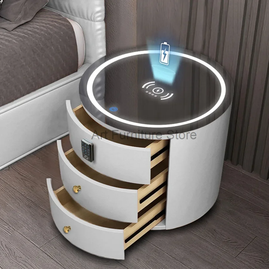 Intelligent Bedside Round Table Audio Password Fingerprint Lock Wireless Charging Leather Wood Cabinet Nightstands for Bedroom