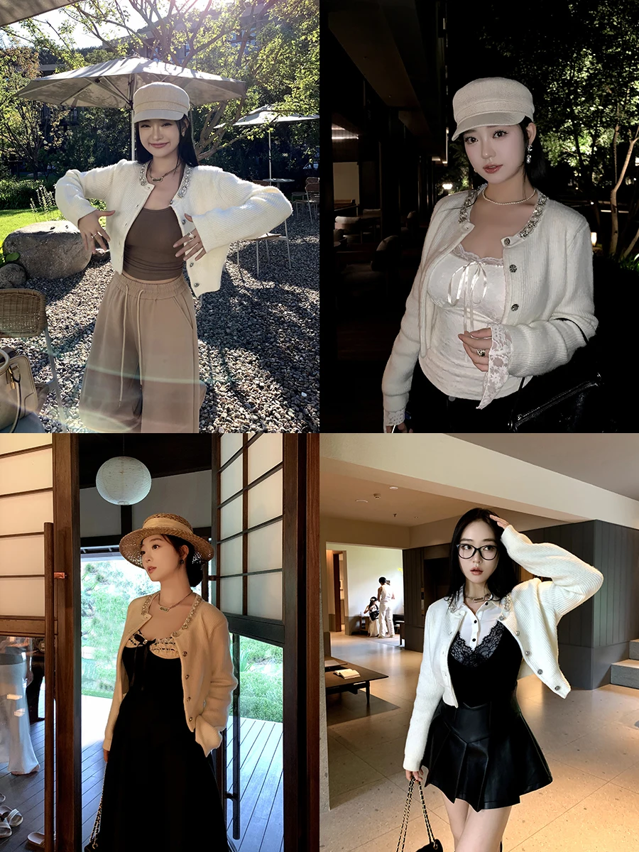 

Handmade round Ne Sweater Jaet Precise Detachable Diamond Bar Fat Can Be Removed Cherry Brand Commute Sle Loose Fit