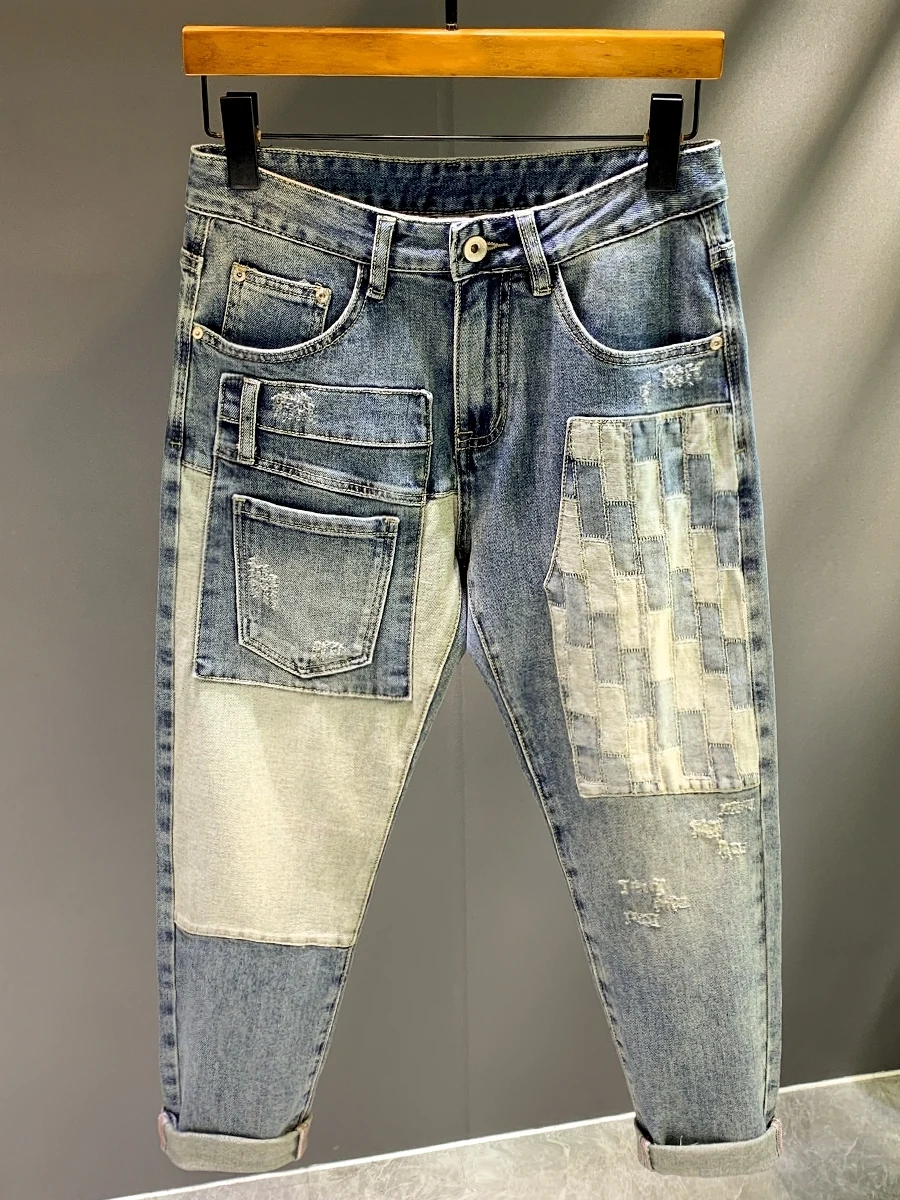 

Retro Patchwork Motorcycle Jeans Men's Spring Autumn New Sle Korean Version Slim Straight Casual Pants Men's Faion Trend