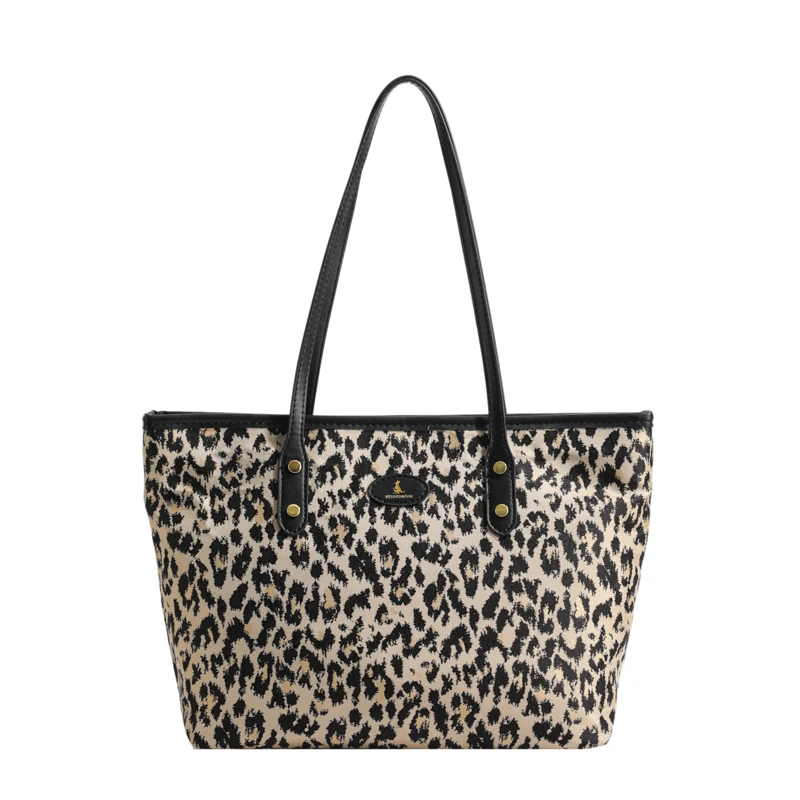 Female Nylon Tote Bag Black Leopard Print Laptop Shoulder Bag University Student Large Capacity Women Luxury Shopper Handbag