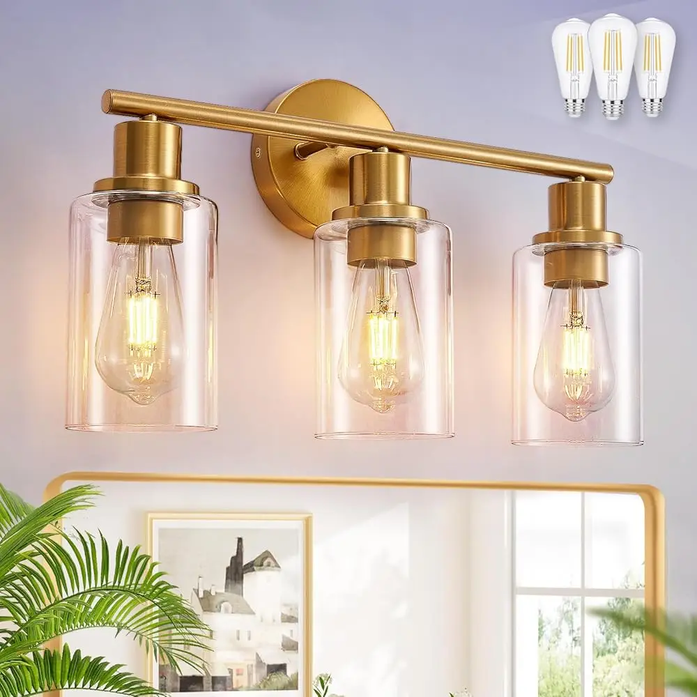 

Dllt 3-Light Bathroom Light Fixtures: Gold Modern Vanity Wall Lights With E26 Bulbs - Clear Glass Shade Bathroom Wall Lamp For