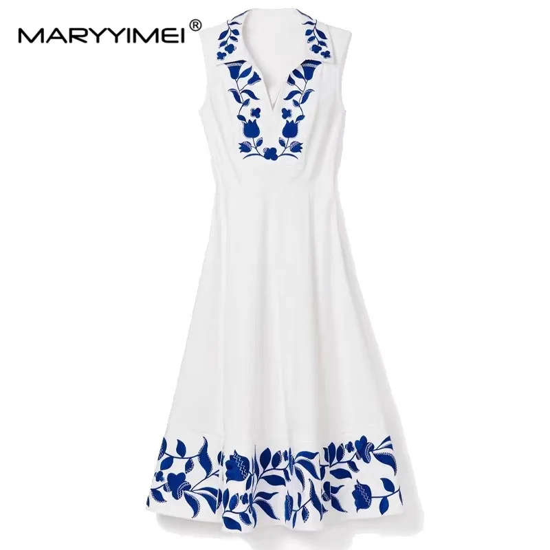 

MARYYIMEI Fashion Designer Summer Women's dress V-neck Sleeveless Flower embroidery Commuter Elegant Cotton White Dresses