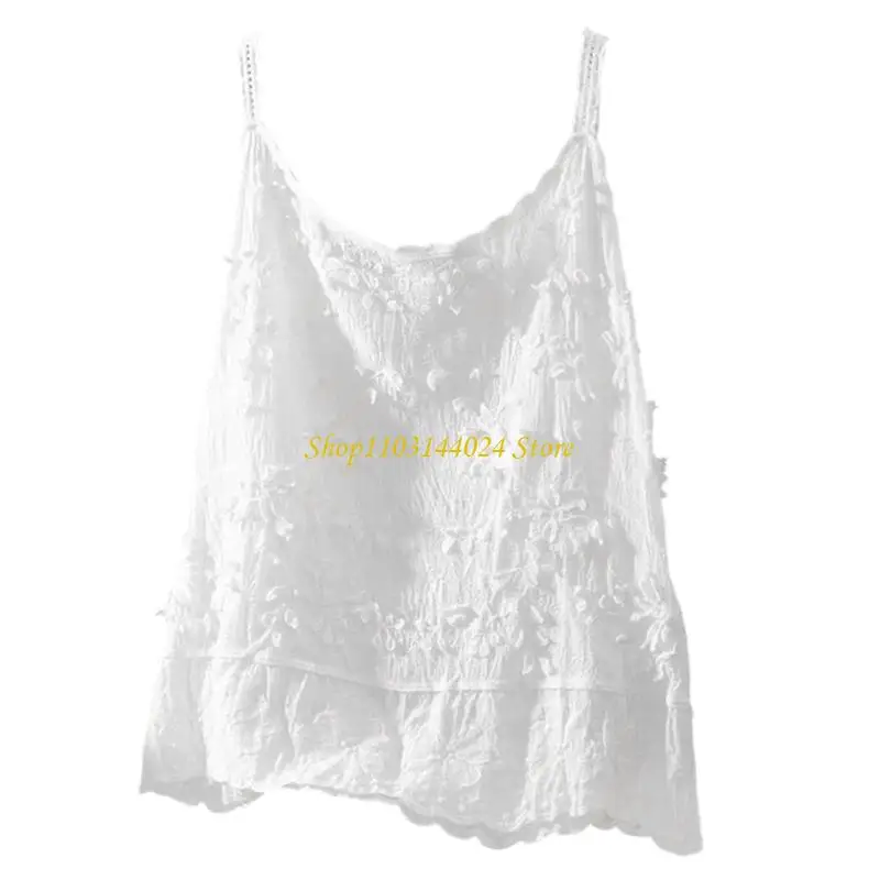 N5KE Women's Fashion Crochet Knit Top Lightweight Cotton Spaghetti Straps Shirt Embroidery Flower Camisole Blouse