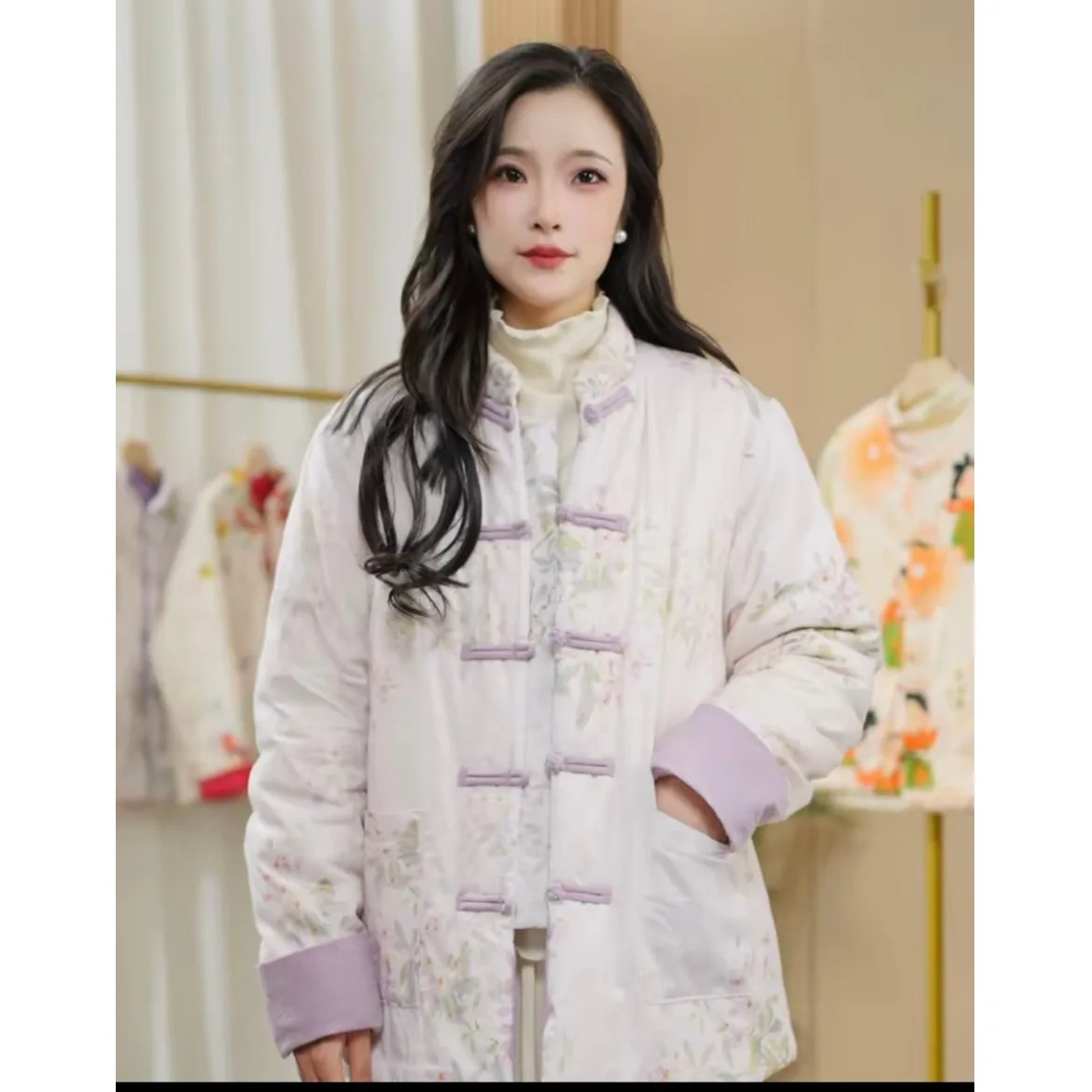 

Double-Sided Wear Cotton Jacket with Embroidery Loose Stand Collar Button Design Traditional Chinese Style Women's Coat