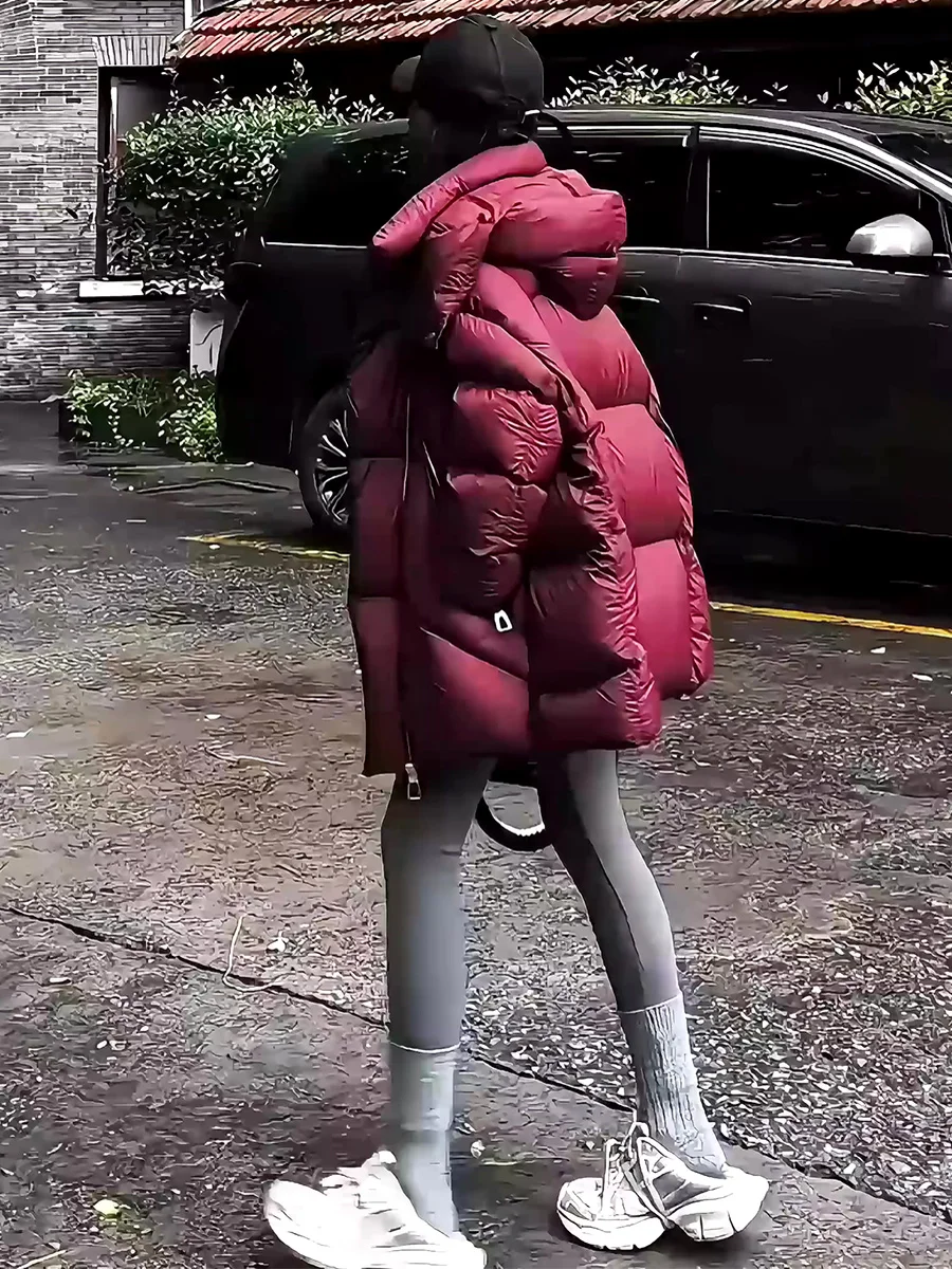 

Women's Red Wine Color White Du down Puffer Jaet Winter Thi Warm Hooded Bread Sle Coat Korean Sle Mid-Length
