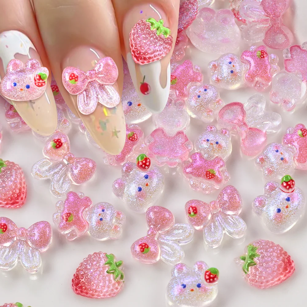 

50pcs Sweet Glitter Pink Strawberry Bunny Nail Charms 3D Resin Bow Rabbit Nail Art Decorations Cute Cartoon Manicure Accessories