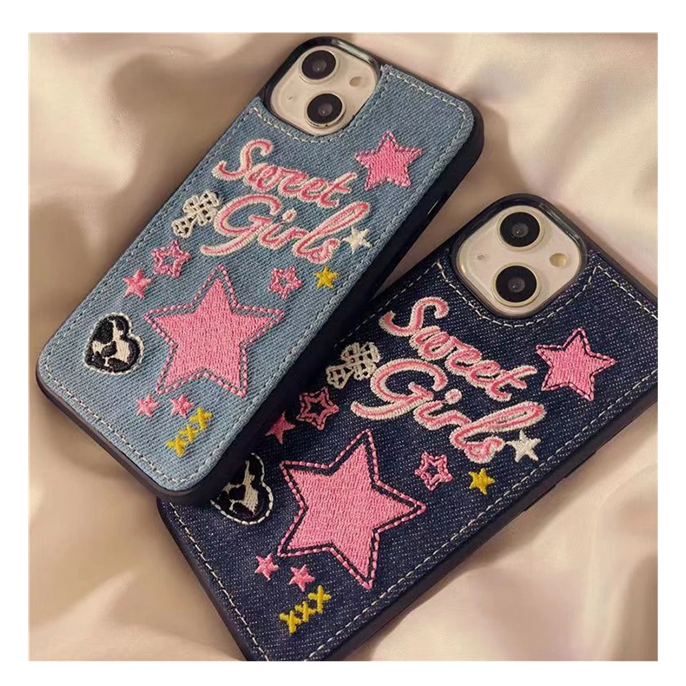 For IPhone 14 Pro Y2k INS Creative Korean Spicy Girls Denim Embroidery Fashion Phone Case for IPhone 14 13 11 12 Pro Cover