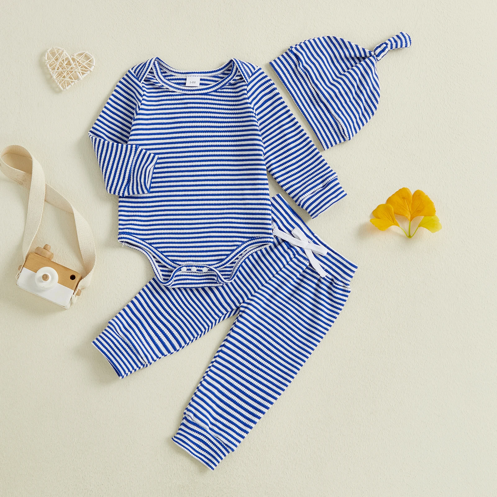 Baby Boys and Girls Fall Outfits Striped Crew Neck Long Sleeve Romper Pants and Cap 3 Pcs Set