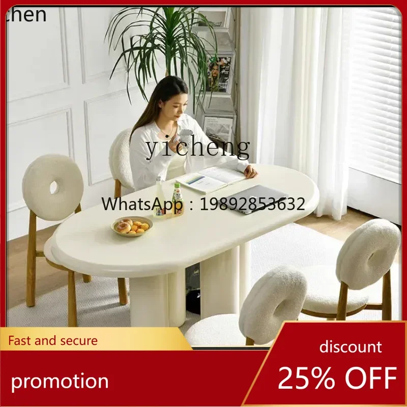 

HT Cream Style Dining Tables and Chairs Set Household Small Apartment Oval White Table