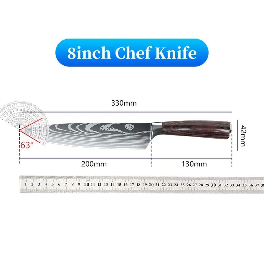 Favourite Kitchen Knife 440C German Steel Chef Knife Damascus Laser Pattern 8inch Cleaver Filleting Santoku Knife Cooking Tool