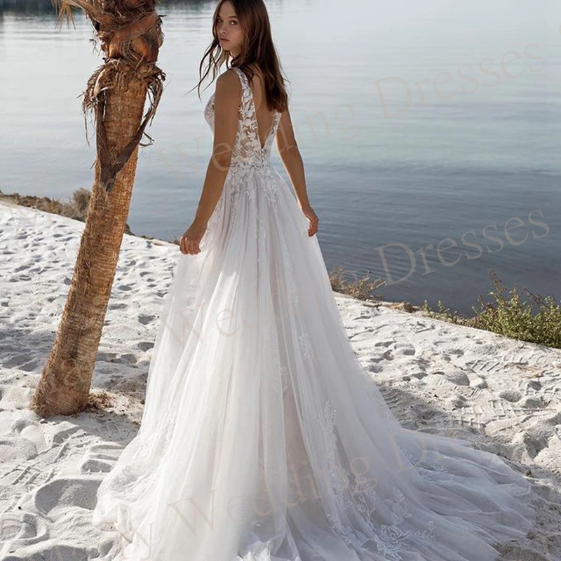 Boho Sexy Charming A Line Wedding Dresses Deep V Neck Lace Appliques Bride Gowns Sleeveless Backless Tulle Vestidos Novias Boda