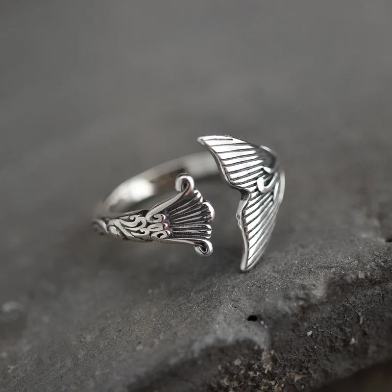 925 Sterling Silver Rings For Women Vintage Handmade Adjustable Retro Fish Tail Ring Fashion Female Bijoux Gift