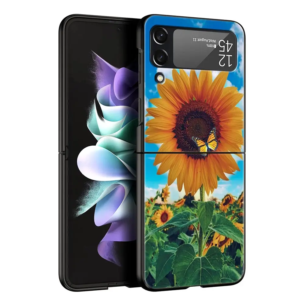 Phone Case For Samsung Galaxy Z Flip 3 4 5 Hard Black Folding PC Luxury For Samsung Z Flip3 Cover Protect Shell flower 12